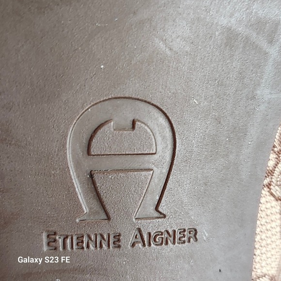 Vtg Etienne Aigner Slingback Heels Women 9M Brown Monogram Peep Toe Buckle Y2K - Picture 8 of 12